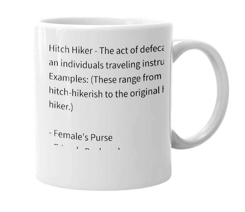 White mug with the definition of 'Hitch Hiker'