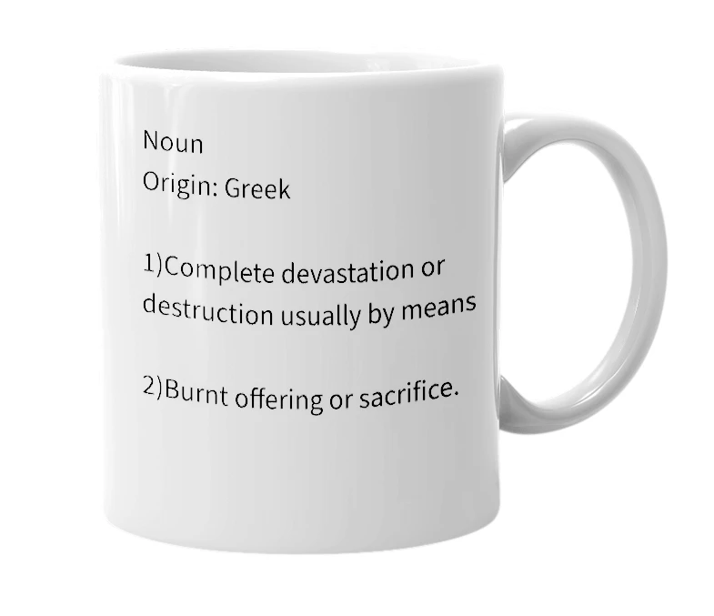 White mug with the definition of 'Holocaust'
