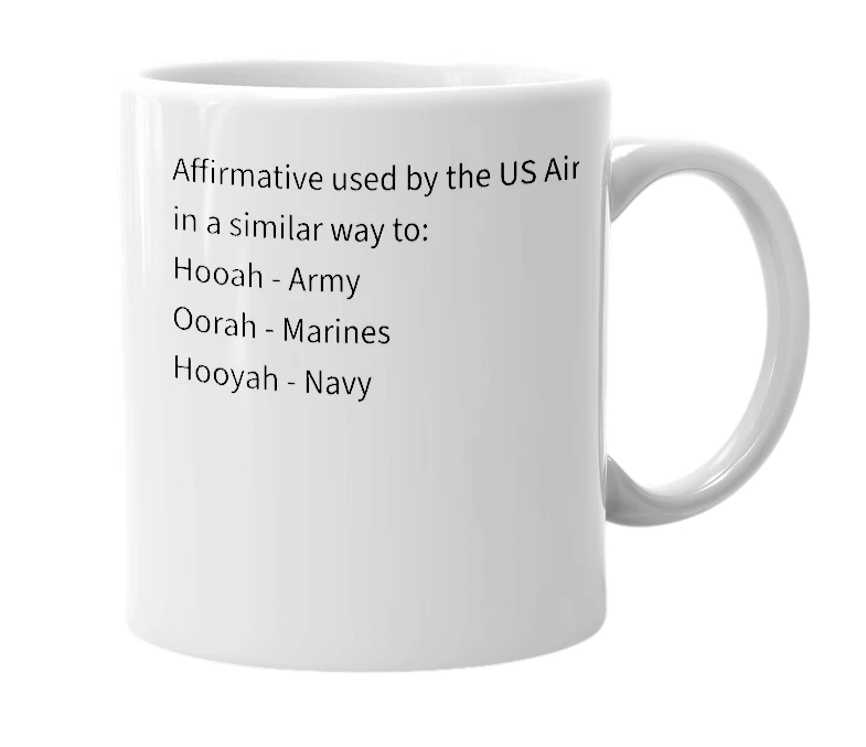 White mug with the definition of 'Hoorah'