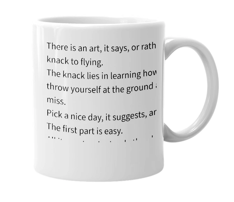 White mug with the definition of 'How to Fly'