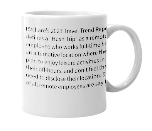 White mug with the definition of 'Hush Trip'