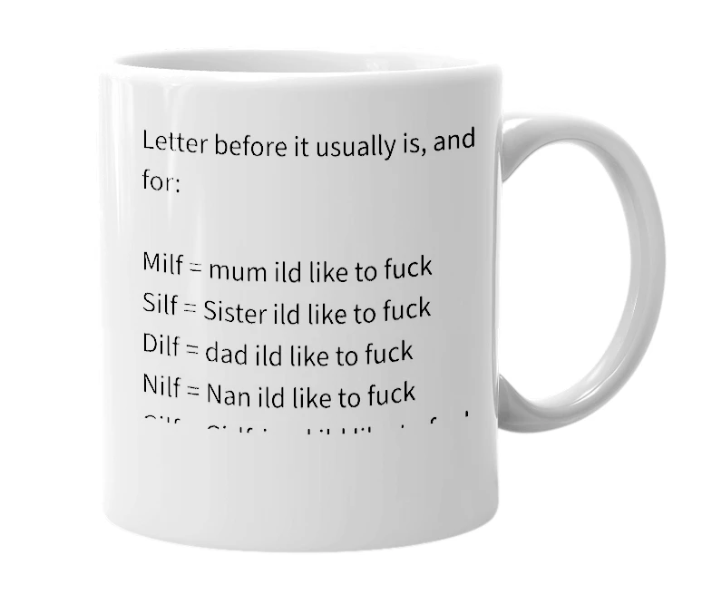 White mug with the definition of 'ILF'