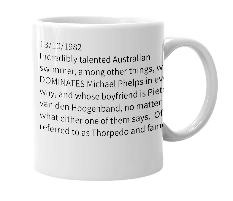 White mug with the definition of 'Ian Thorpe'