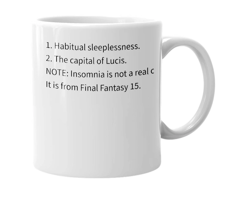 White mug with the definition of 'Insomnia'