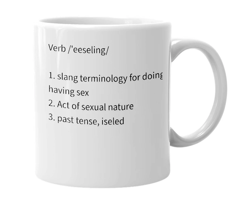 White mug with the definition of 'Iseling'