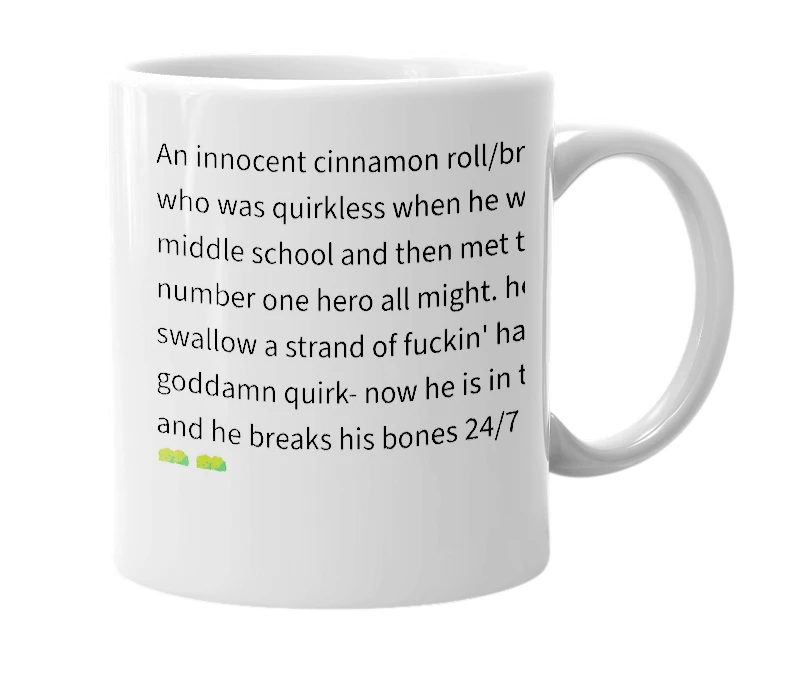 White mug with the definition of 'Izuku Midoriya'