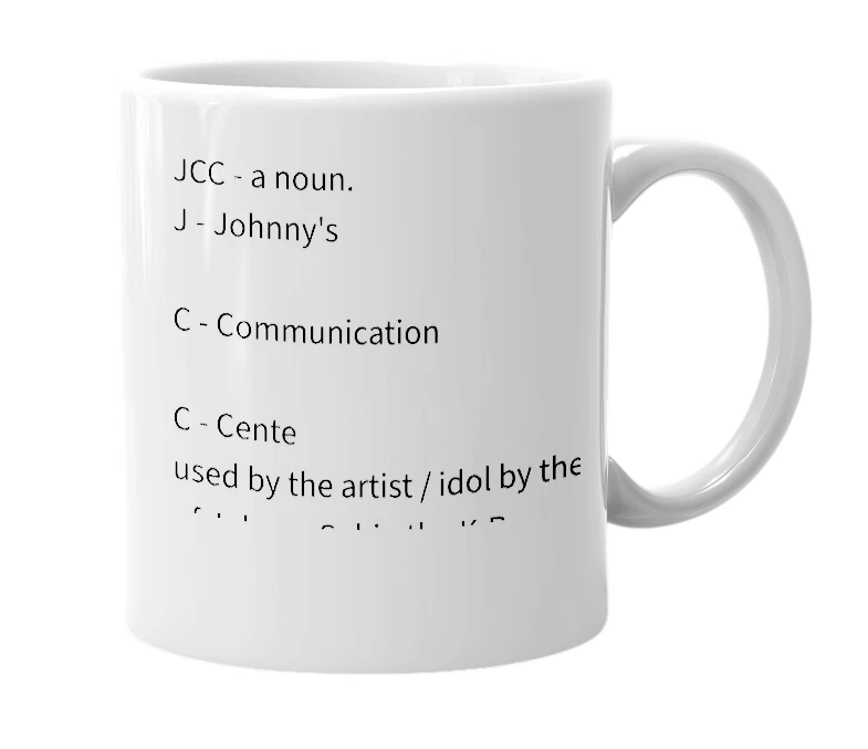 White mug with the definition of 'JCC'