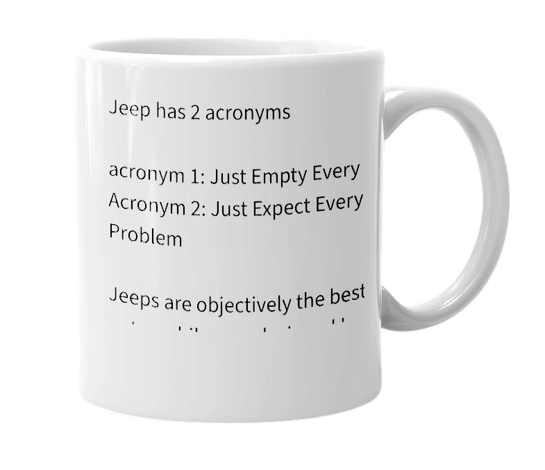 White mug with the definition of 'JEEP'