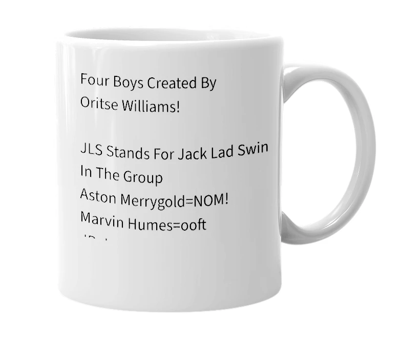 White mug with the definition of 'JLS'