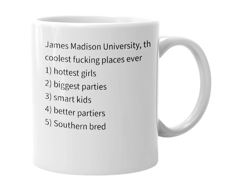 White mug with the definition of 'JMU'