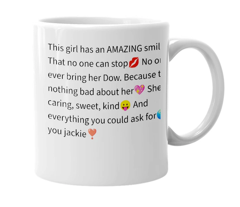 White mug with the definition of 'Jackie'