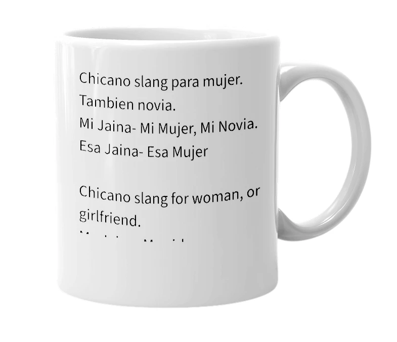 White mug with the definition of 'Jaina'