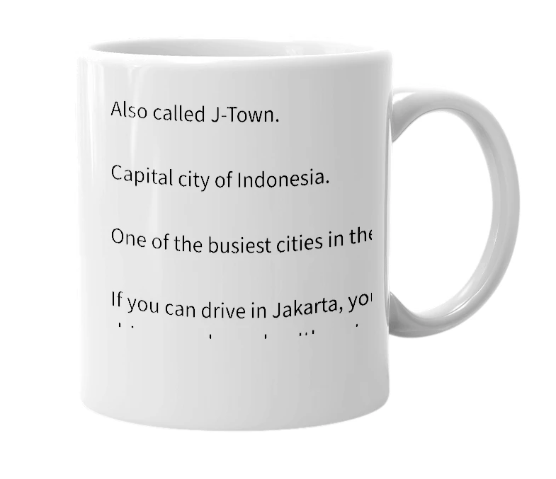 White mug with the definition of 'Jakarta'