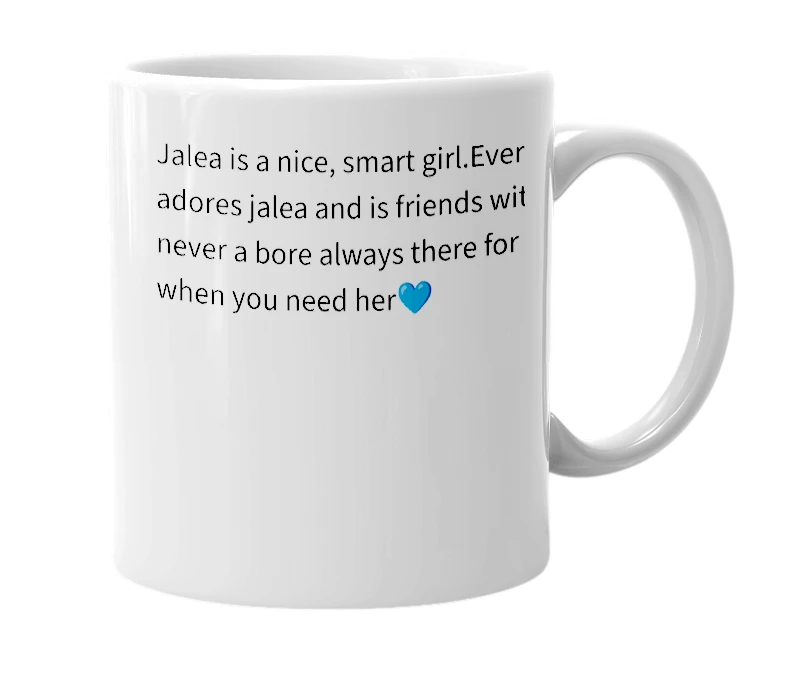 White mug with the definition of 'Jalea'