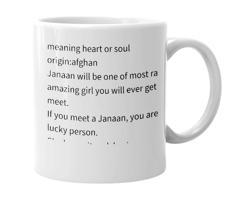 White mug with the definition of 'Janaan'