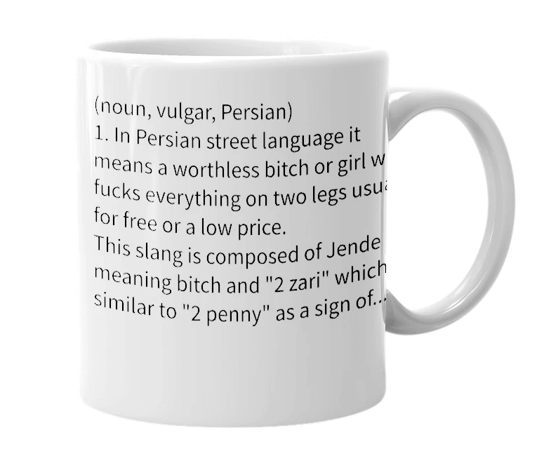 White mug with the definition of 'Jende 2 zari'