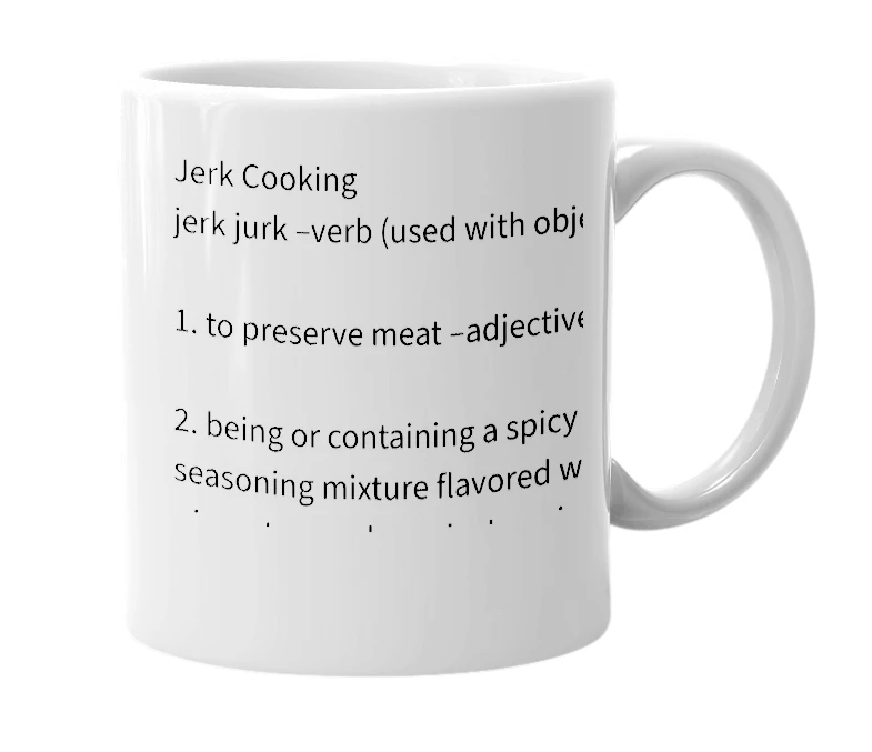 White mug with the definition of 'Jerk Chicken'