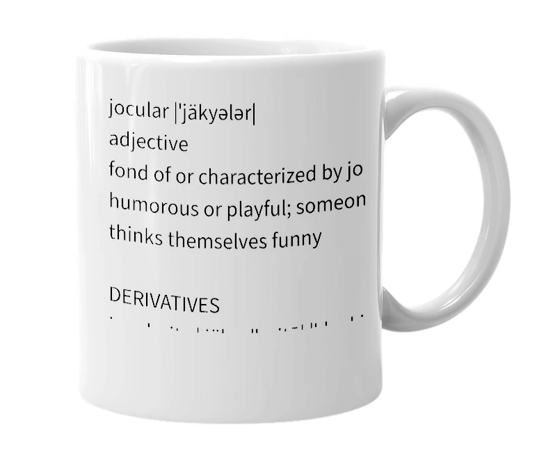 White mug with the definition of 'Jocular'