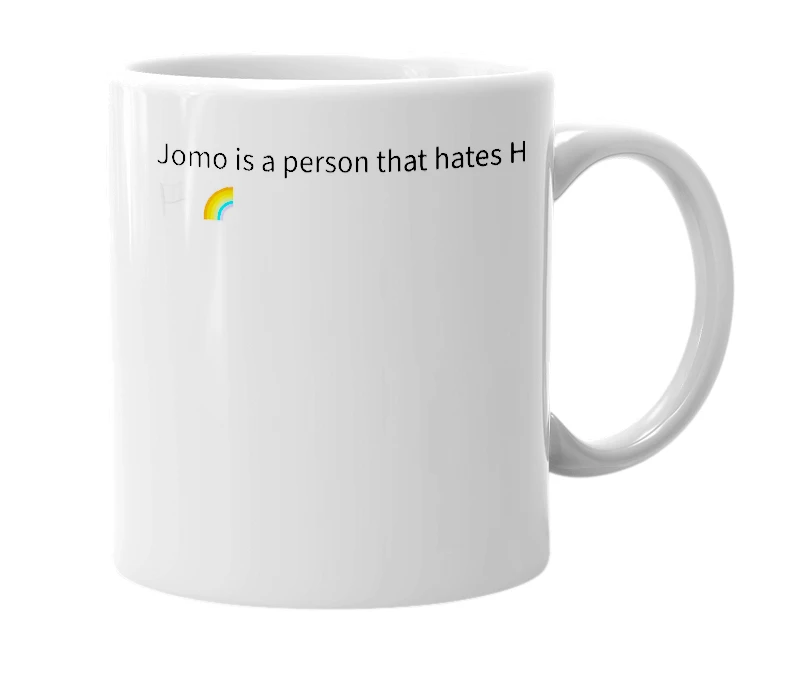 White mug with the definition of 'Jomo'