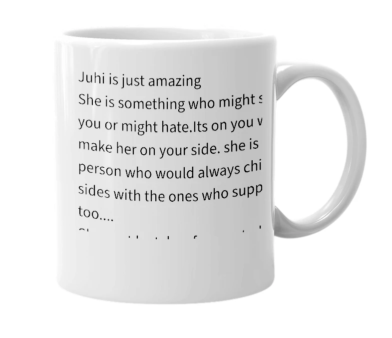 White mug with the definition of 'Juhi'