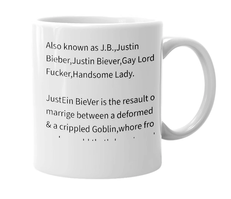 White mug with the definition of 'JustEin BieVer'