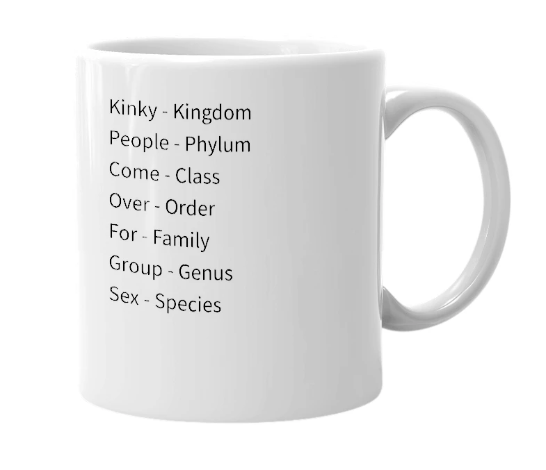 White mug with the definition of 'K-P-C-O-F-G-S'