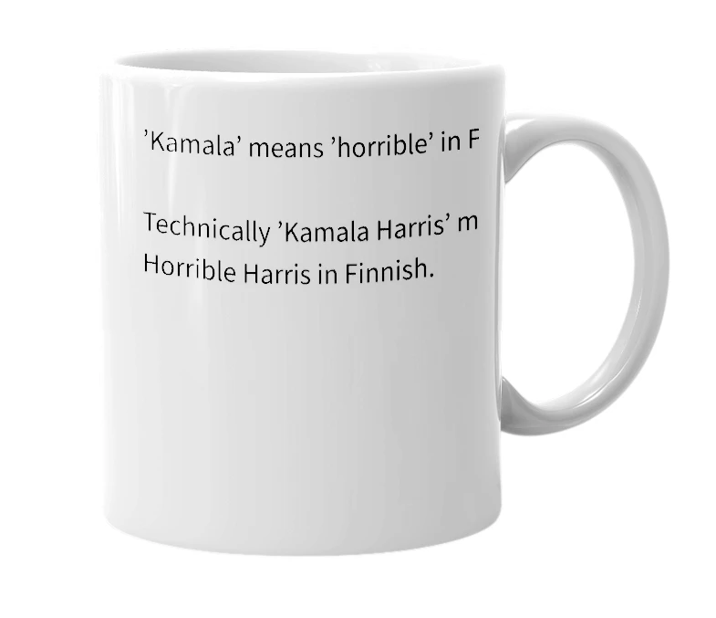 White mug with the definition of 'Kamala'