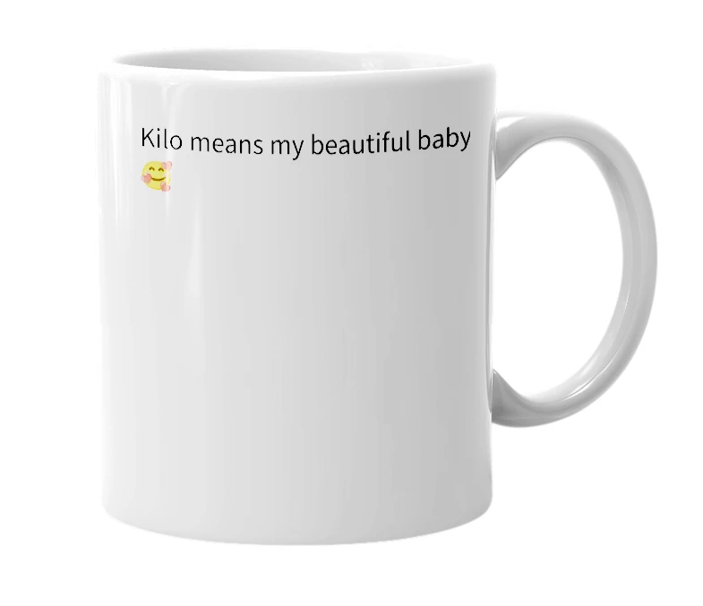 White mug with the definition of 'Kilo'
