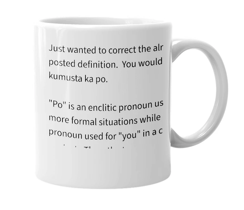 White mug with the definition of 'Kumusta ka'