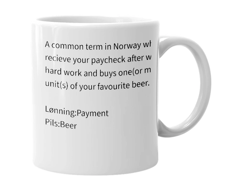 White mug with the definition of 'Lønningspils'
