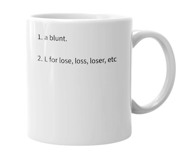 White mug with the definition of 'L'