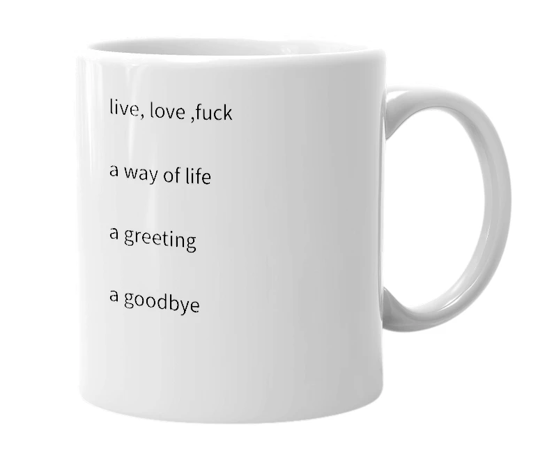 White mug with the definition of 'L.L.F'