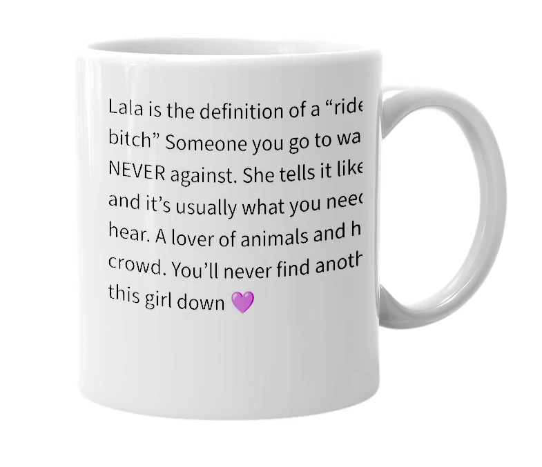 White mug with the definition of 'Lala'