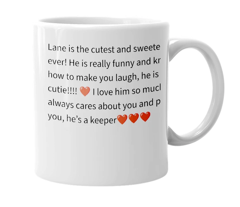 White mug with the definition of 'Lane'