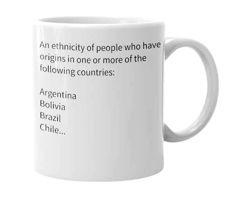 White mug with the definition of 'Latino'