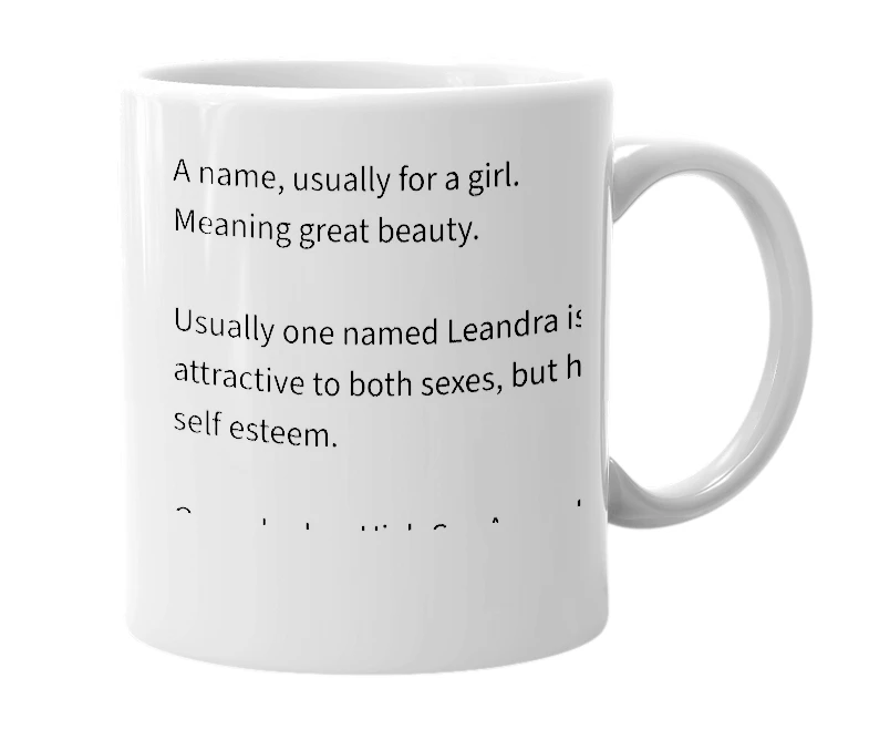 White mug with the definition of 'Leandra'