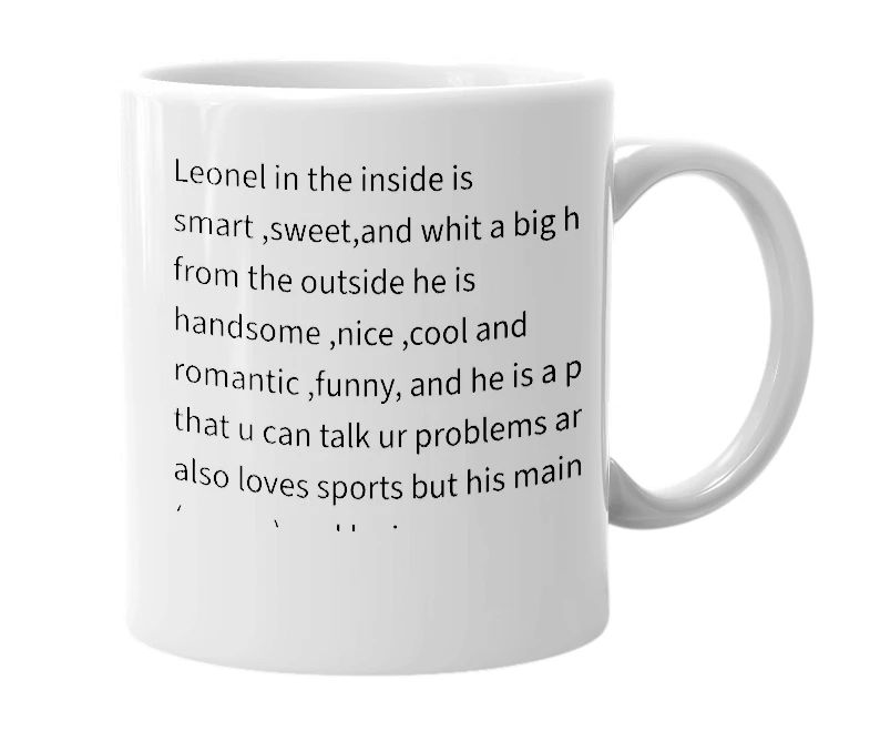 White mug with the definition of 'Leonel'