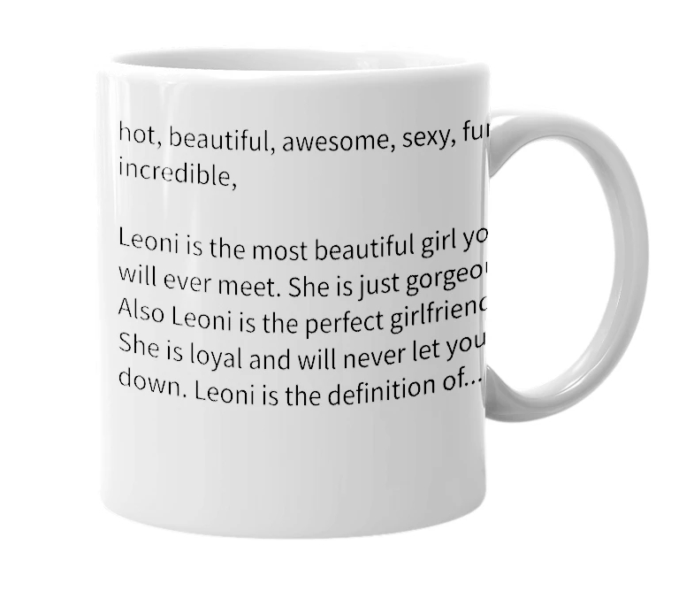 White mug with the definition of 'Leoni'