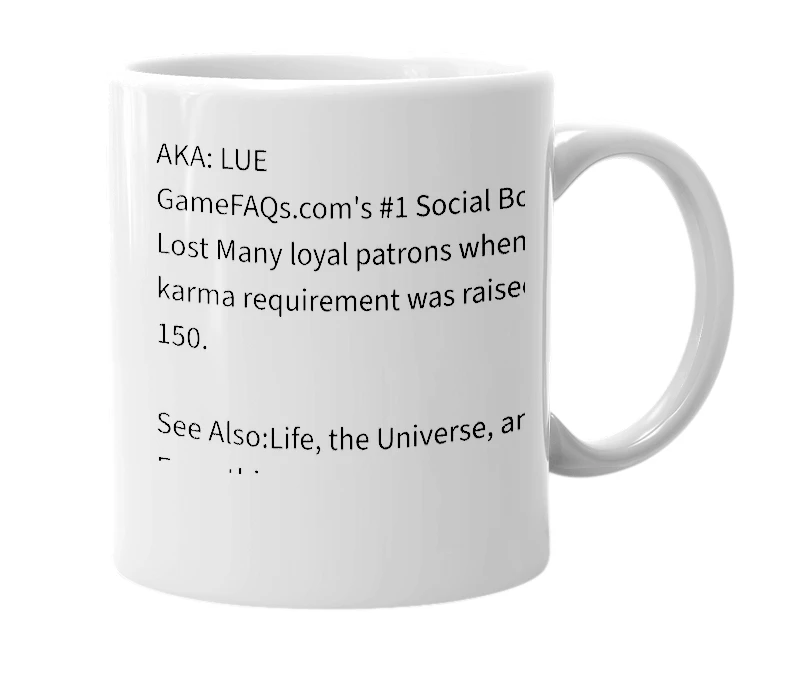 White mug with the definition of 'Life, the Universe and Everything'