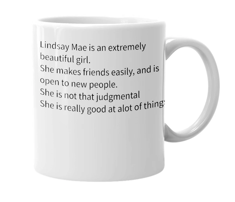 White mug with the definition of 'Lindsay-Mae'