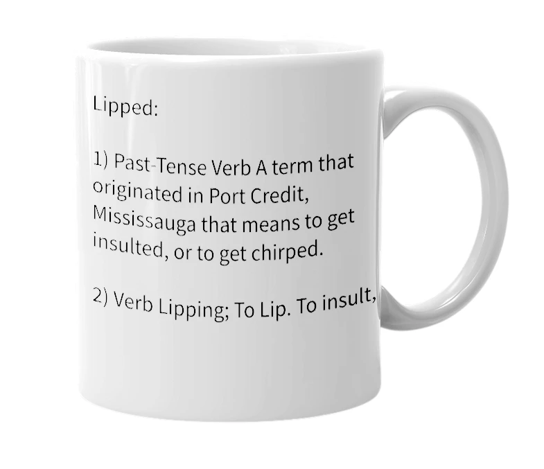 White mug with the definition of 'Lipped'