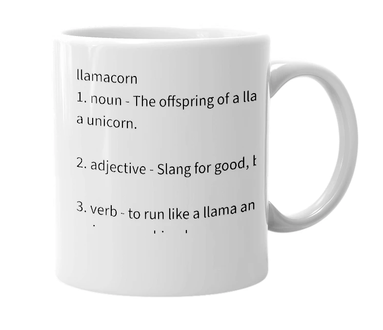 White mug with the definition of 'Llamacorn'