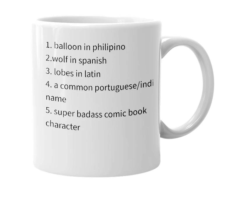 White mug with the definition of 'Lobo'