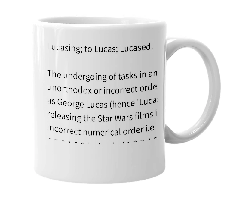 White mug with the definition of 'Lucasing'