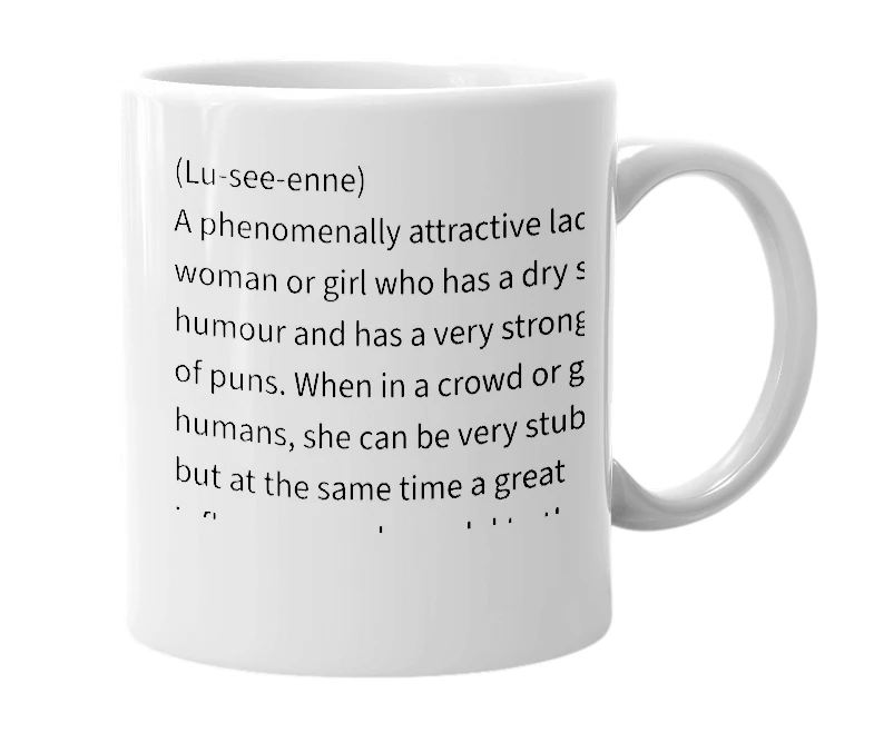 White mug with the definition of 'Lucienne'