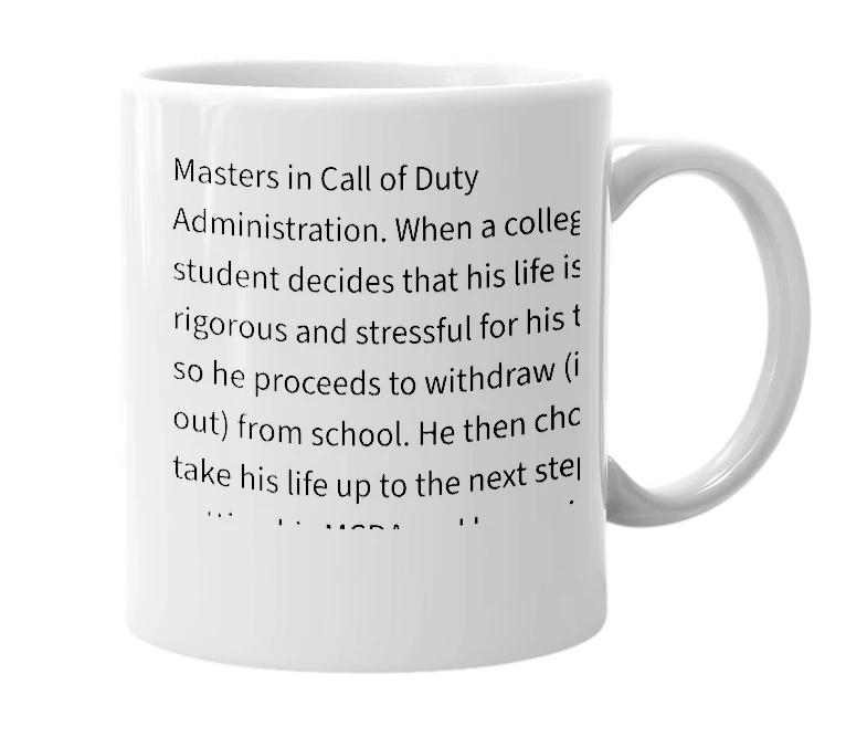 White mug with the definition of 'M.C.D.A.'