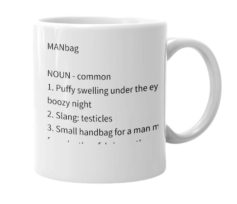 White mug with the definition of 'MANbag'