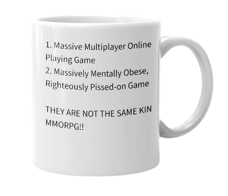 White mug with the definition of 'MMORPG'