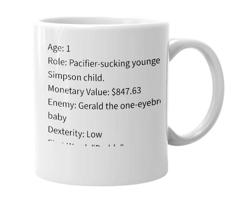 White mug with the definition of 'Maggie Simpson'