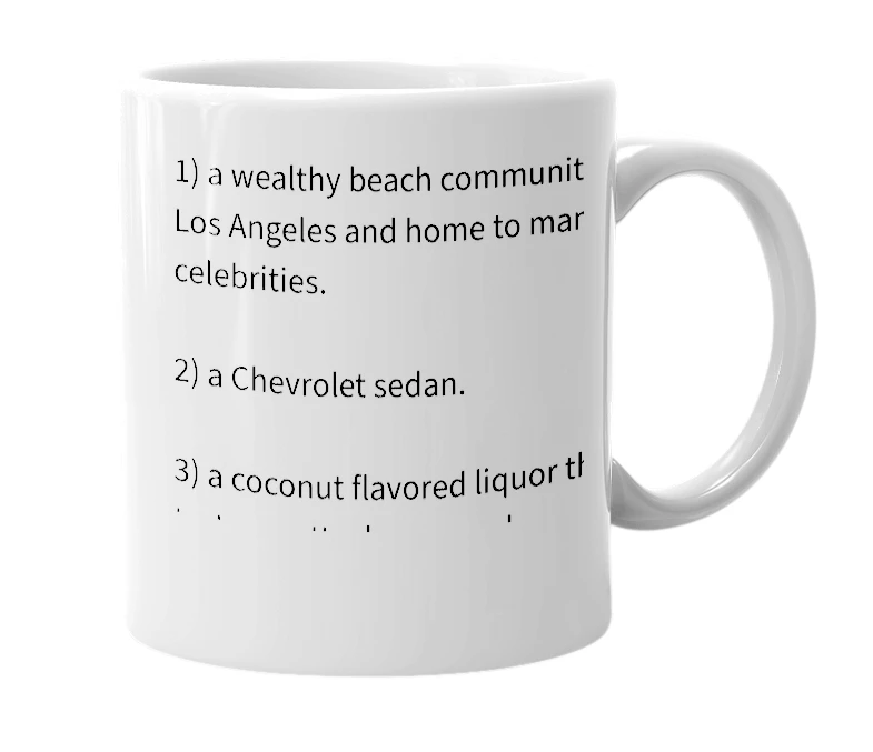 White mug with the definition of 'Malibu'